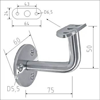 Držák madla nerez na stěnu pevný pro D42,4mm příruba 3x otvor