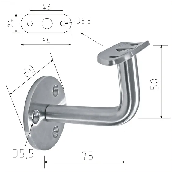 Držák madla nerez na stěnu pevný pro D42,4mm příruba 3x otvor