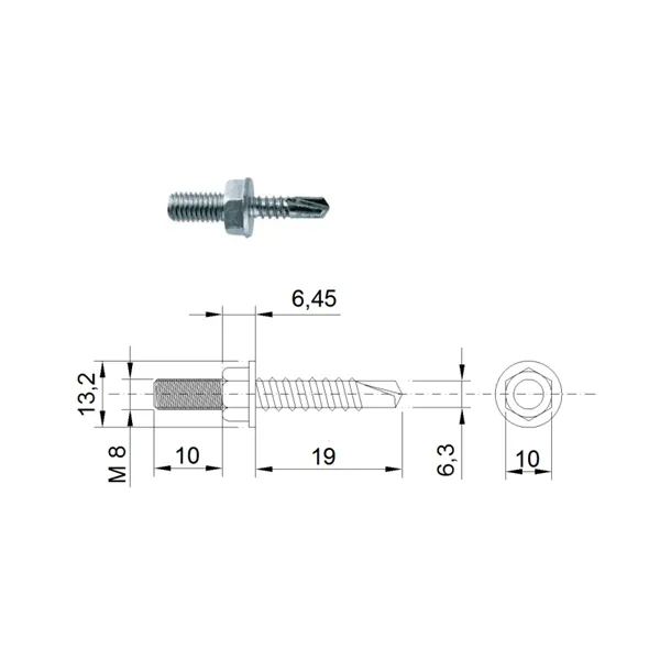 DIN 7504 Zn 6,3x19/M8x10 šroub s přípojem 6HR TEX samovrt-DOPROD