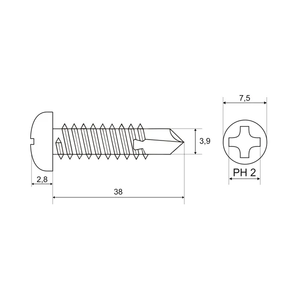 DIN 7504 Zn 3,9x 38 šroub půlkulatá hlava TEX samovrtný