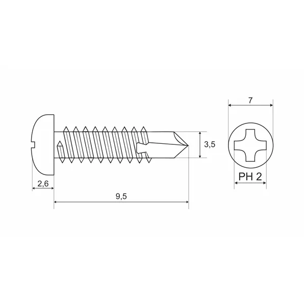 DIN 7504 Zn 3,5x 9,5 šroub půlkulatá hlava TEX samovrtný