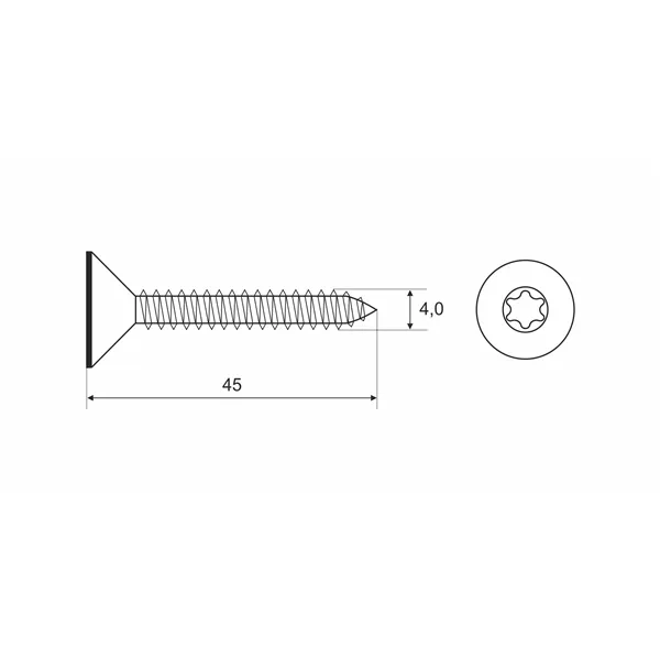 DIN 7997 Zn 4,0x 45 TORX vrut celý závit zápustná hlava T20